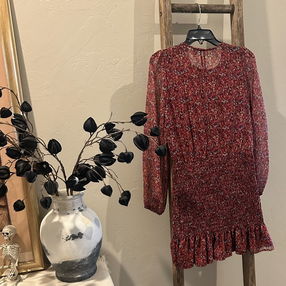 Dress Forum Red Floral Ruched Mini Dress with sheer sleeves . Size Small